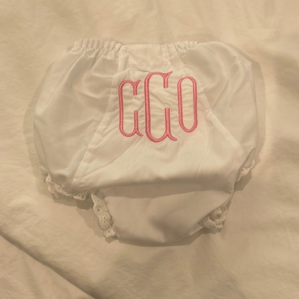 White size 2 bloomers for little girl. Monogrammed CCO in pink